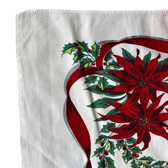 Vintage Christmas Tablecloth printed cotton white red poinsettias holly FLAWS - Picture 9 of 11